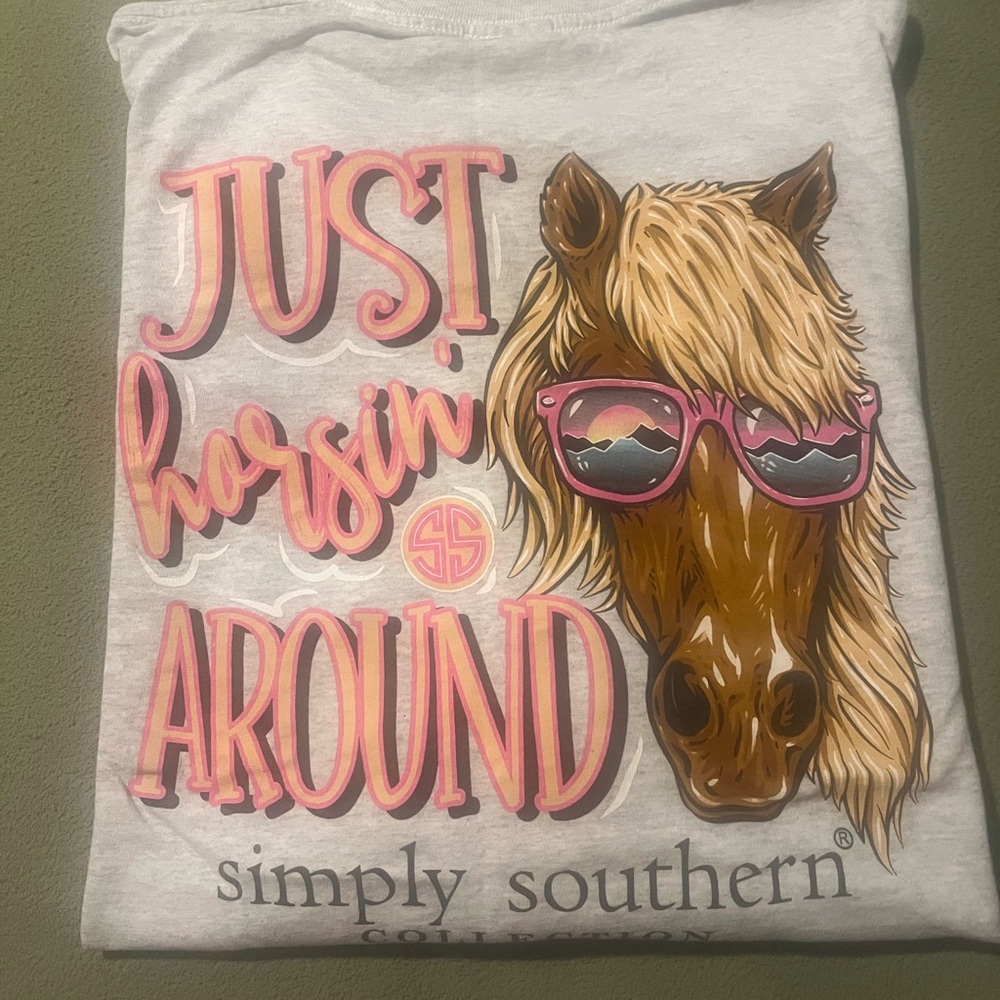 Simply Southern Gray Tee with Horse and Pink Accents